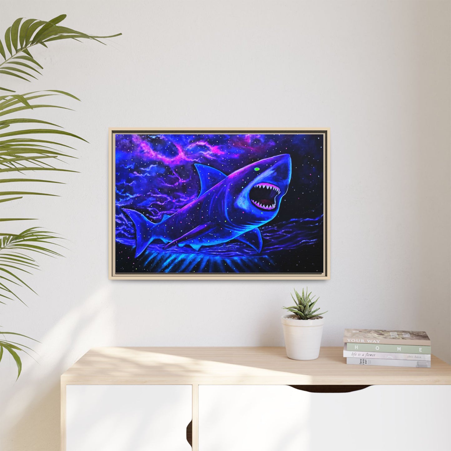 Neon Galaxy Shark Matte Canvas Framed Wall Art