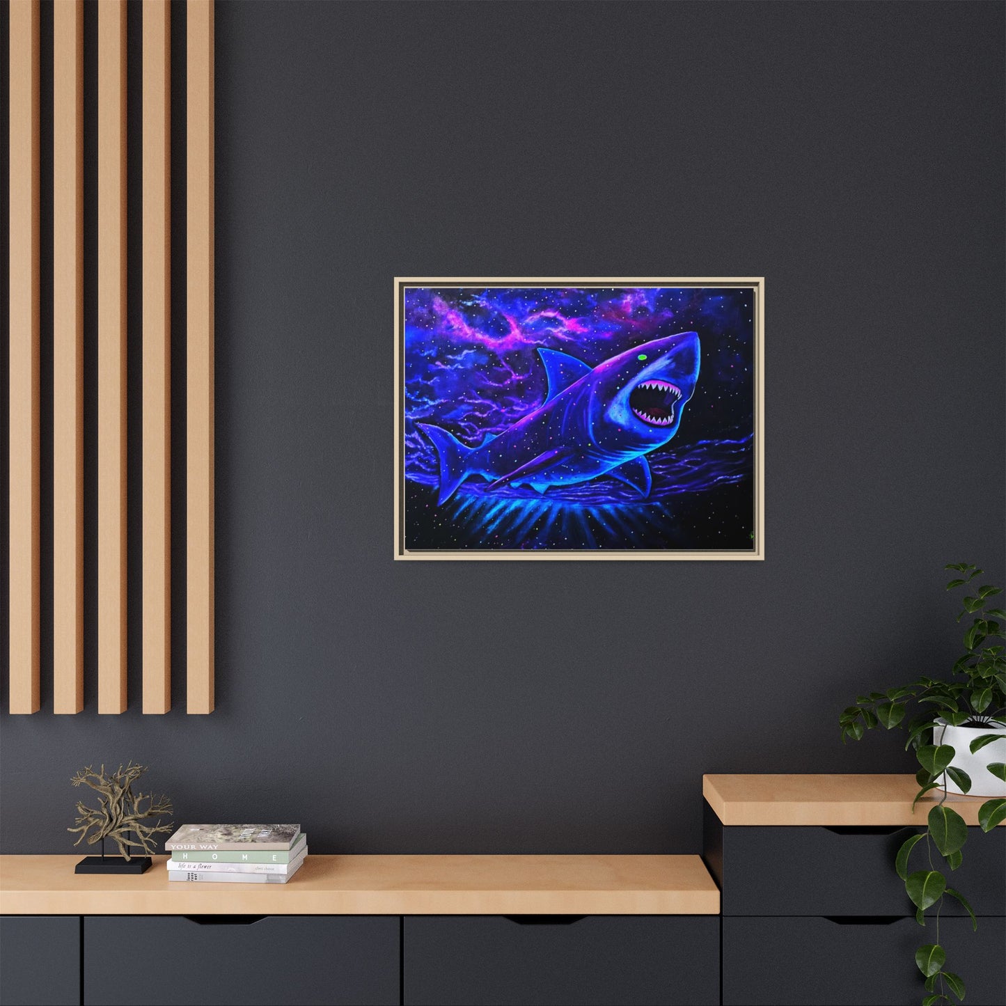 Neon Galaxy Shark Matte Canvas Framed Wall Art
