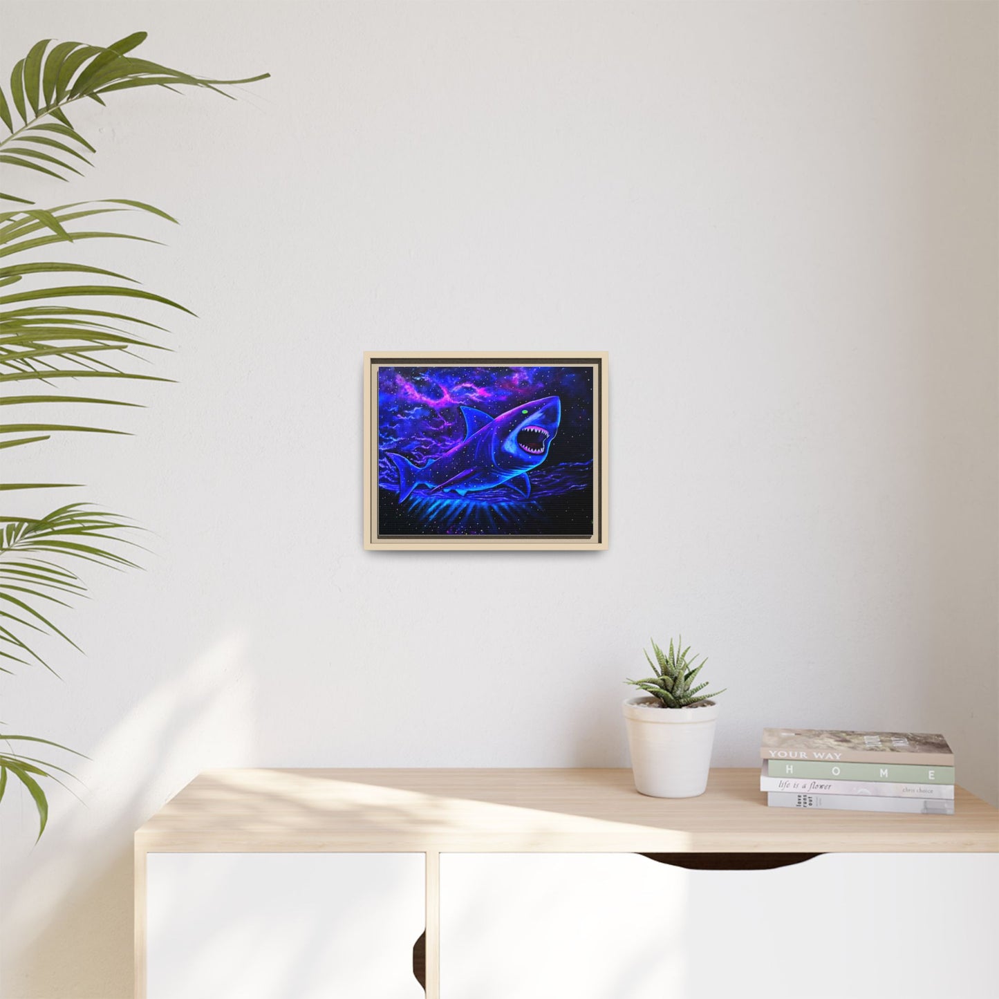 Neon Galaxy Shark Matte Canvas Framed Wall Art