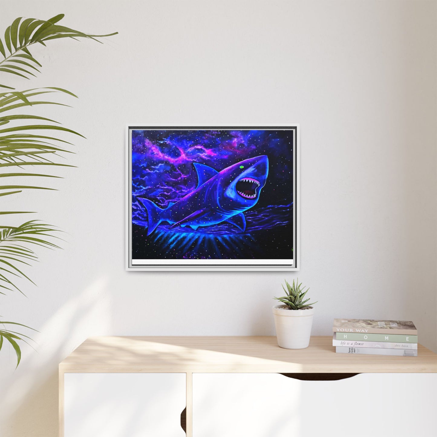 Neon Galaxy Shark Matte Canvas Framed Wall Art