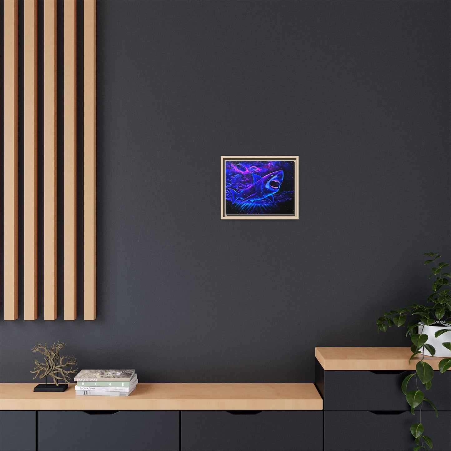 Neon Galaxy Shark Matte Canvas Framed Wall Art
