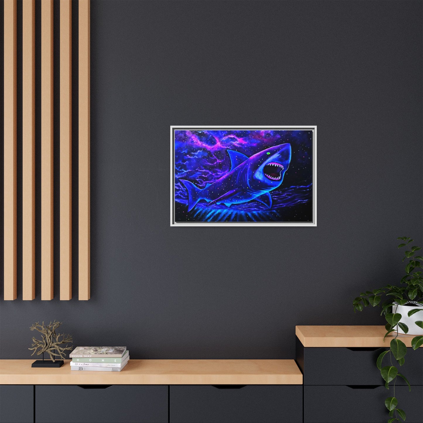 Neon Galaxy Shark Matte Canvas Framed Wall Art