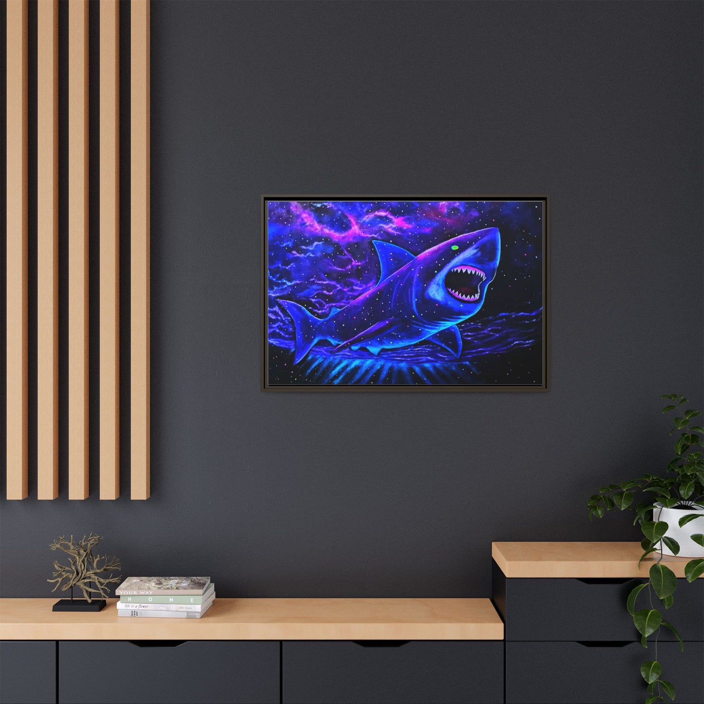 Neon Galaxy Shark Matte Canvas Framed Wall Art