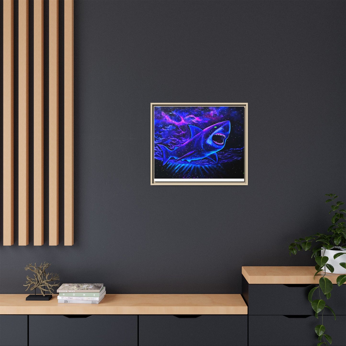 Neon Galaxy Shark Matte Canvas Framed Wall Art