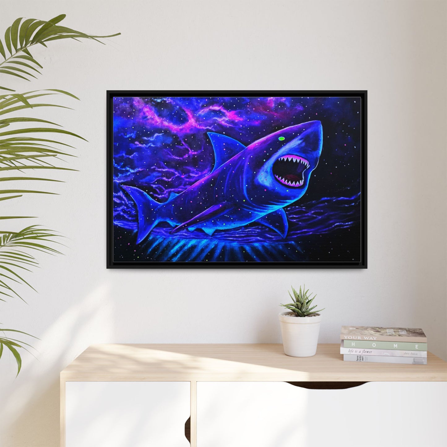 Neon Galaxy Shark Matte Canvas Framed Wall Art