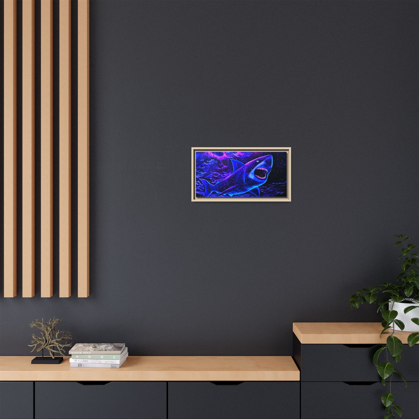 Neon Galaxy Shark Matte Canvas Framed Wall Art