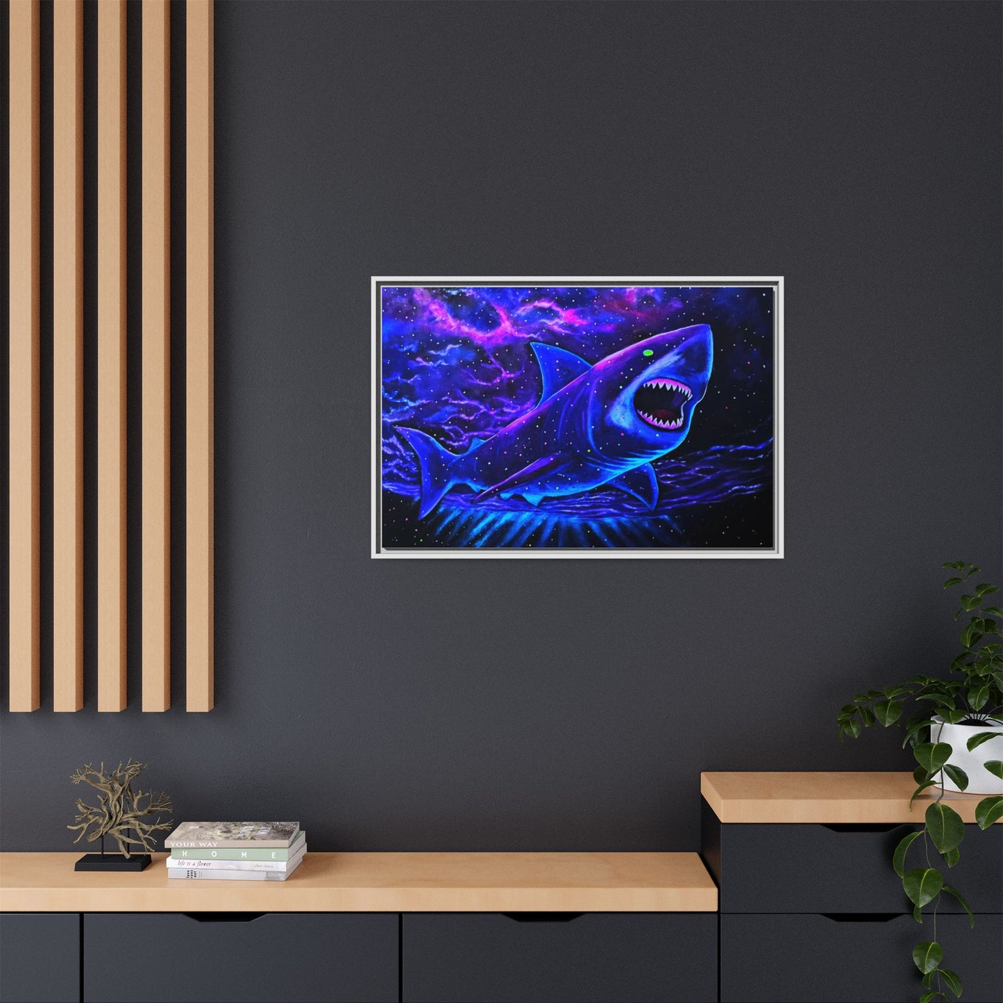 Neon Galaxy Shark Matte Canvas Framed Wall Art