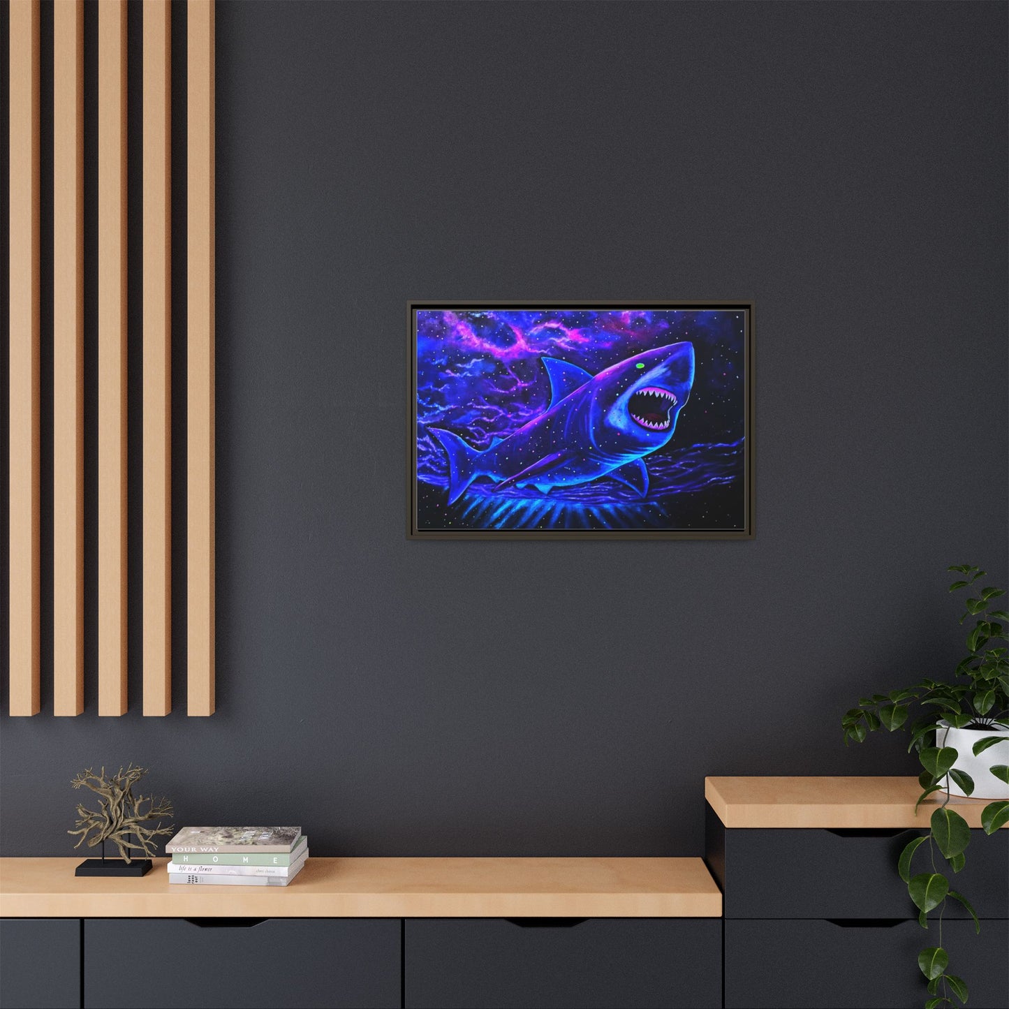 Neon Galaxy Shark Matte Canvas Framed Wall Art