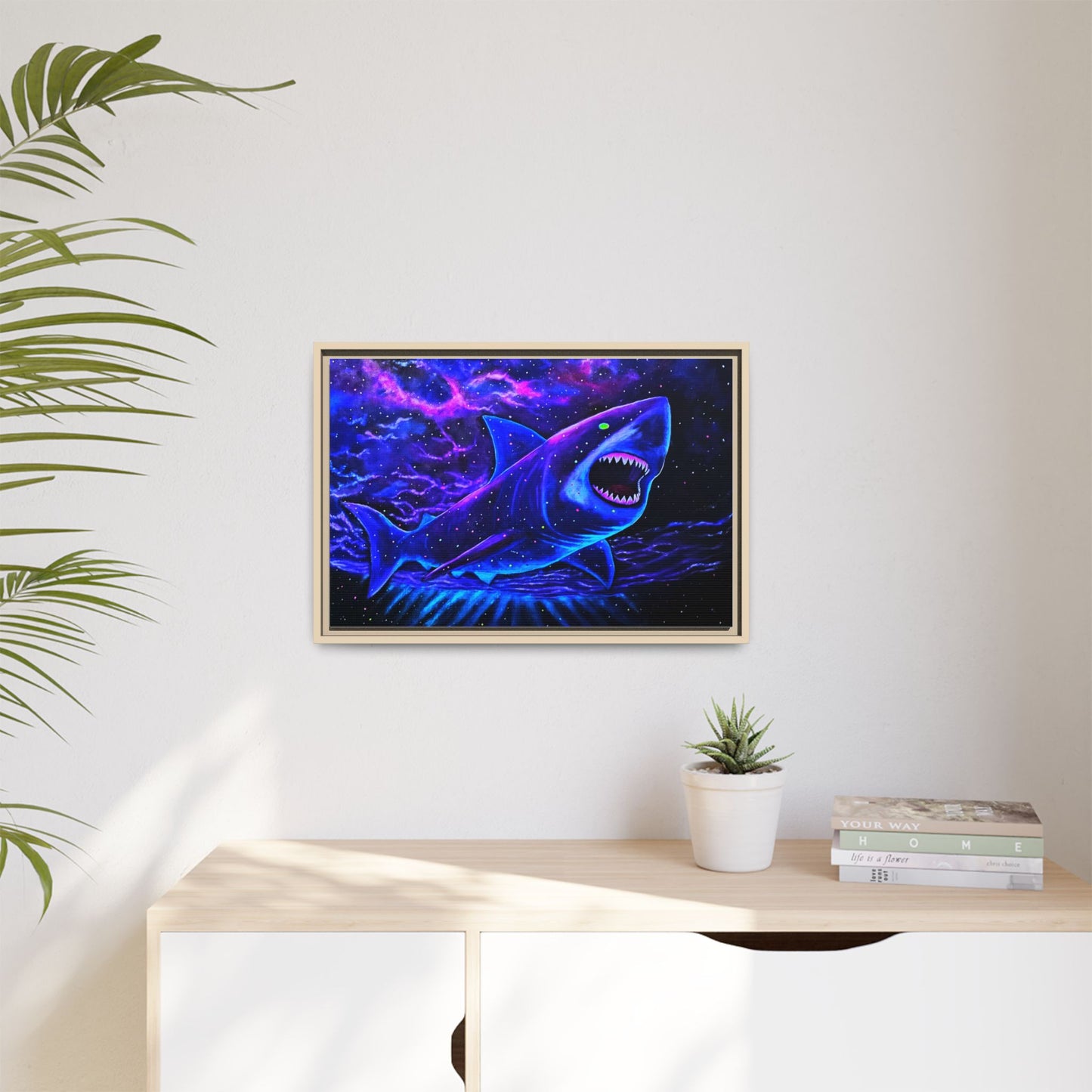 Neon Galaxy Shark Matte Canvas Framed Wall Art