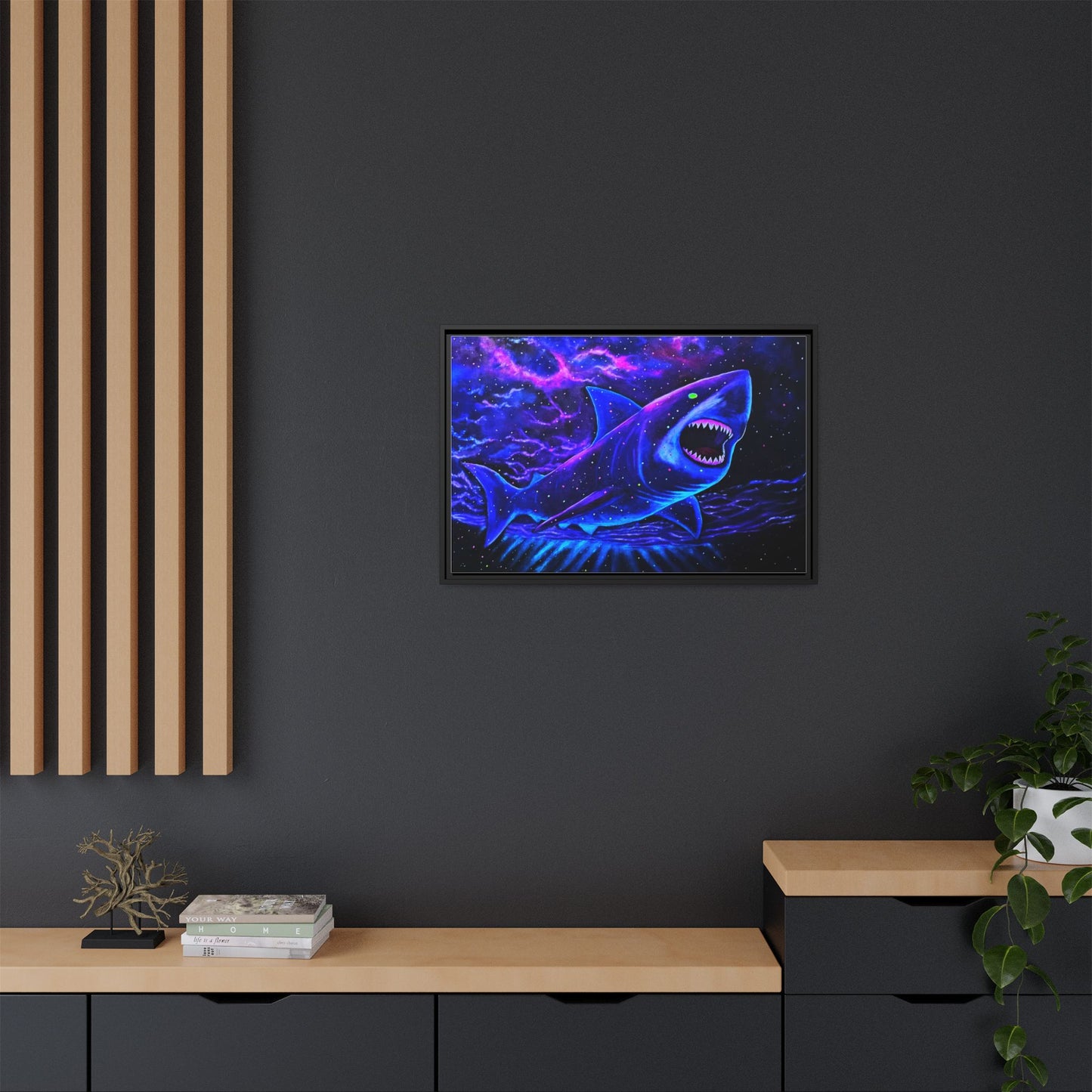 Neon Galaxy Shark Matte Canvas Framed Wall Art