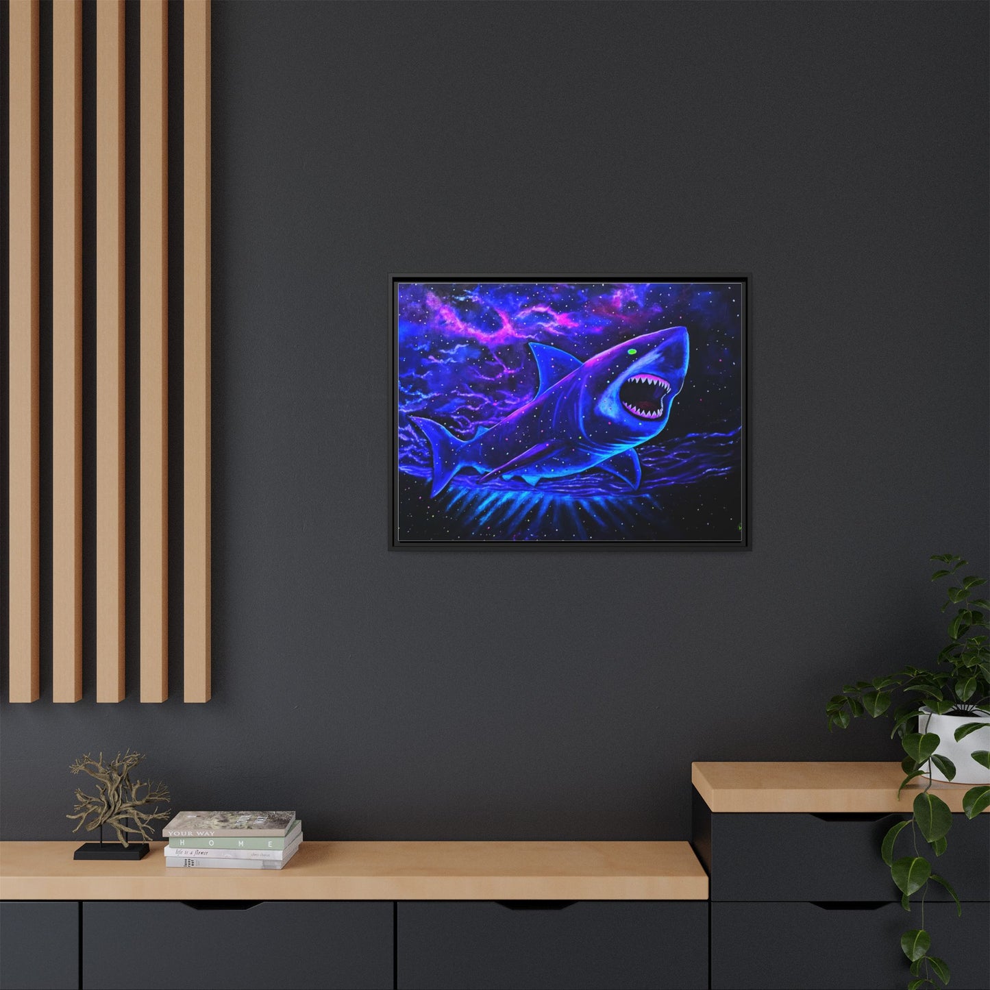 Neon Galaxy Shark Matte Canvas Framed Wall Art