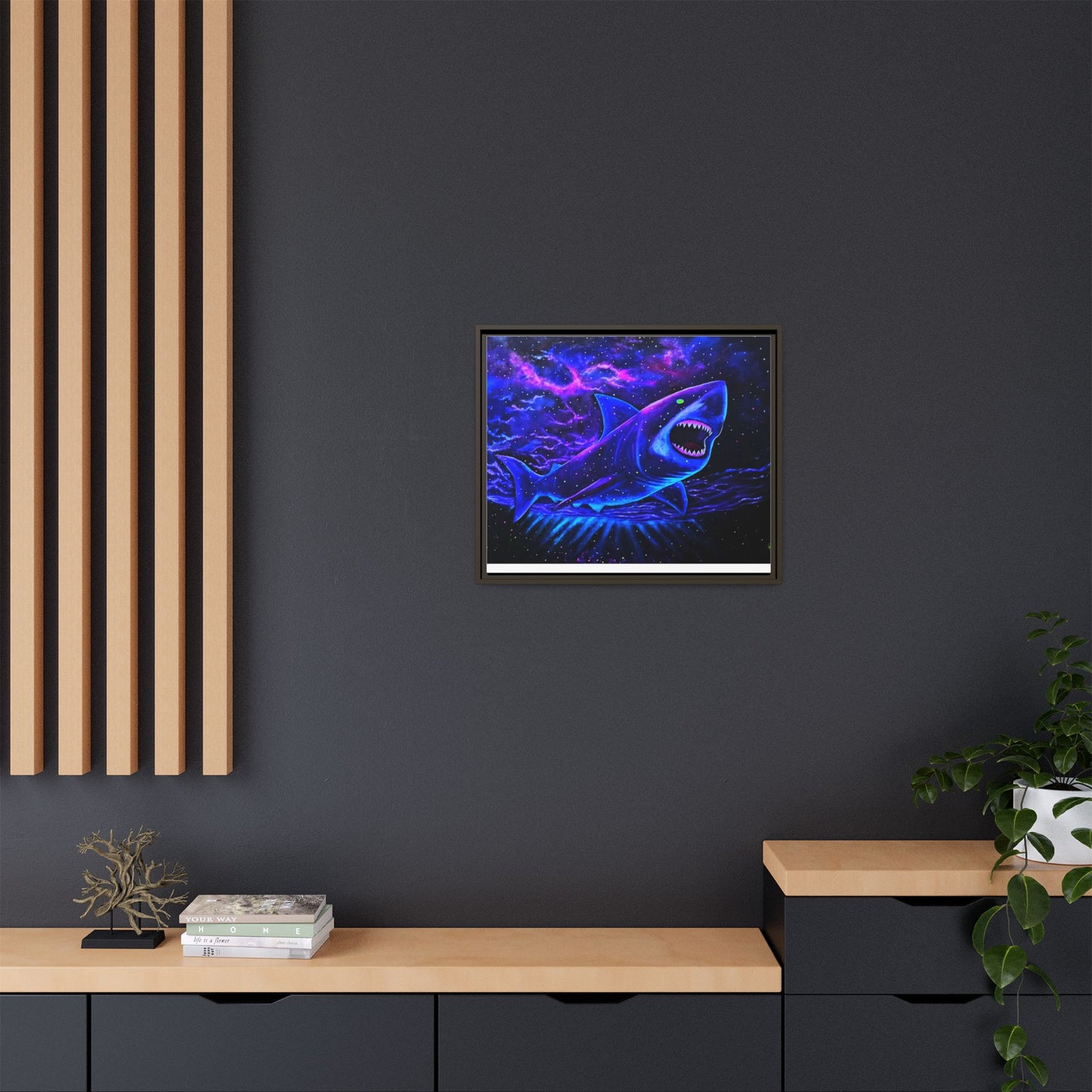 Neon Galaxy Shark Matte Canvas Framed Wall Art