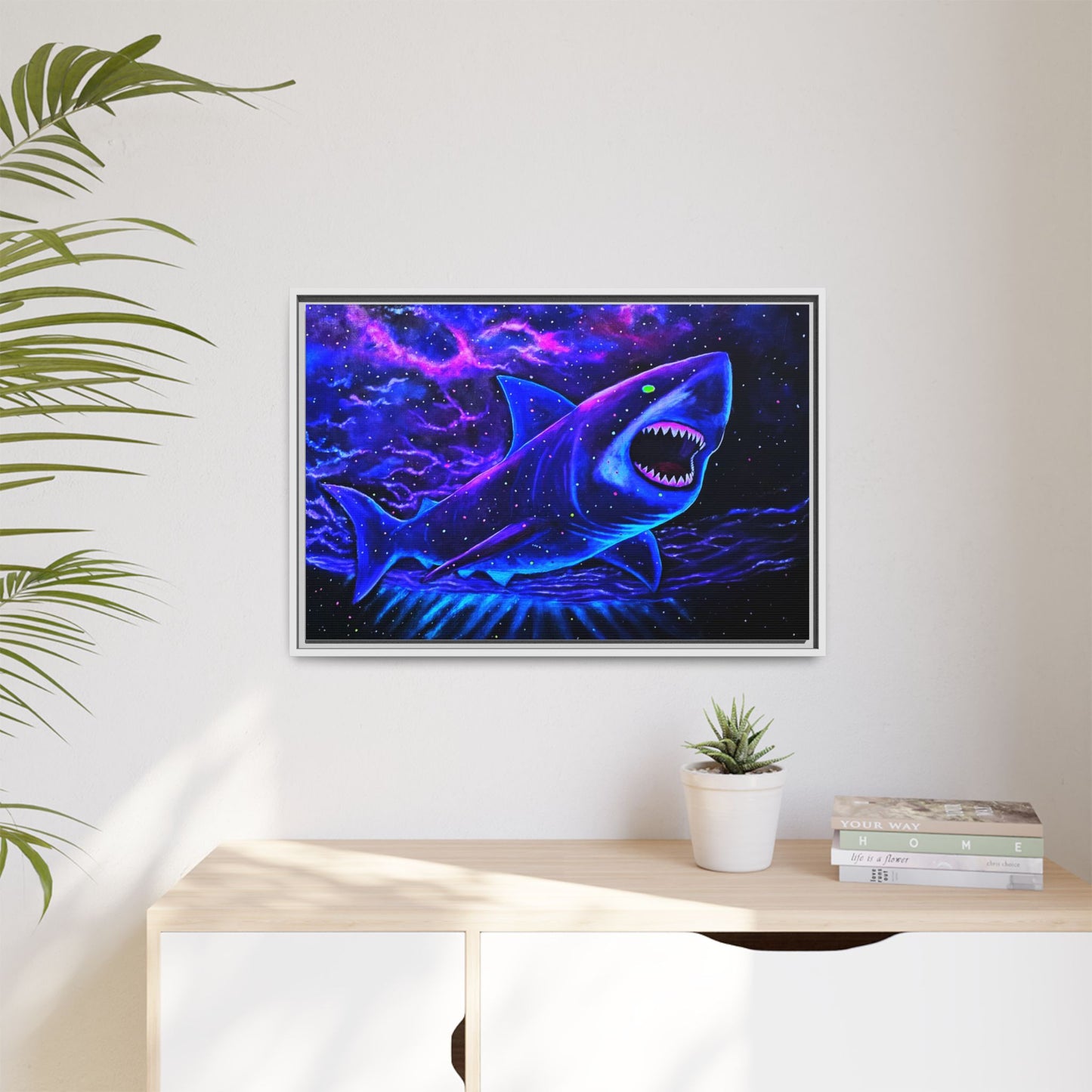 Neon Galaxy Shark Matte Canvas Framed Wall Art