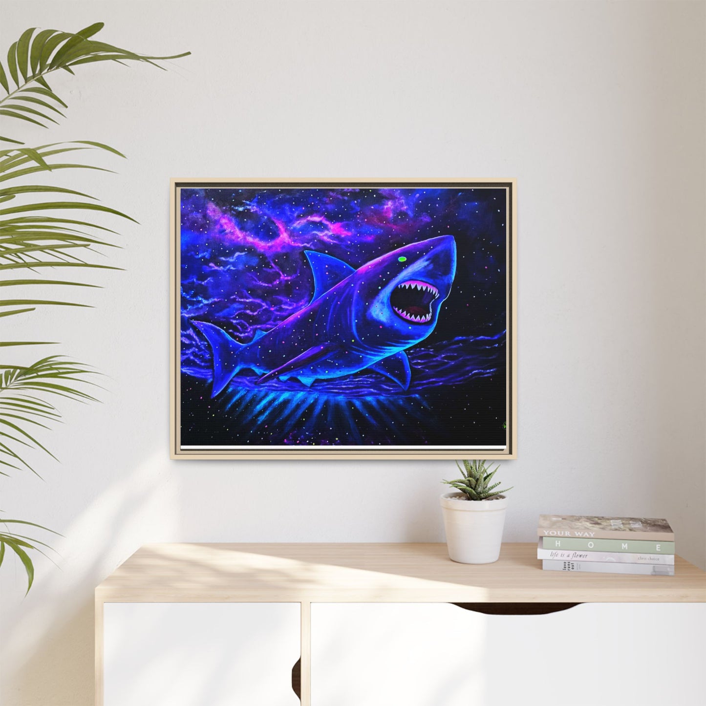 Neon Galaxy Shark Matte Canvas Framed Wall Art