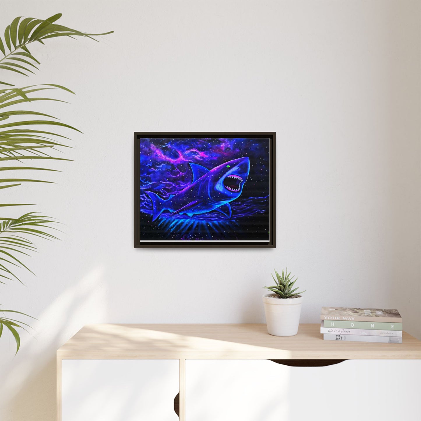 Neon Galaxy Shark Matte Canvas Framed Wall Art