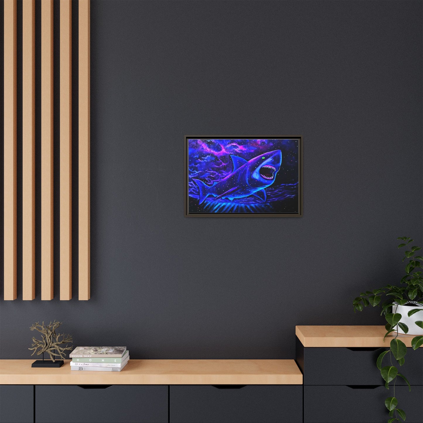 Neon Galaxy Shark Matte Canvas Framed Wall Art