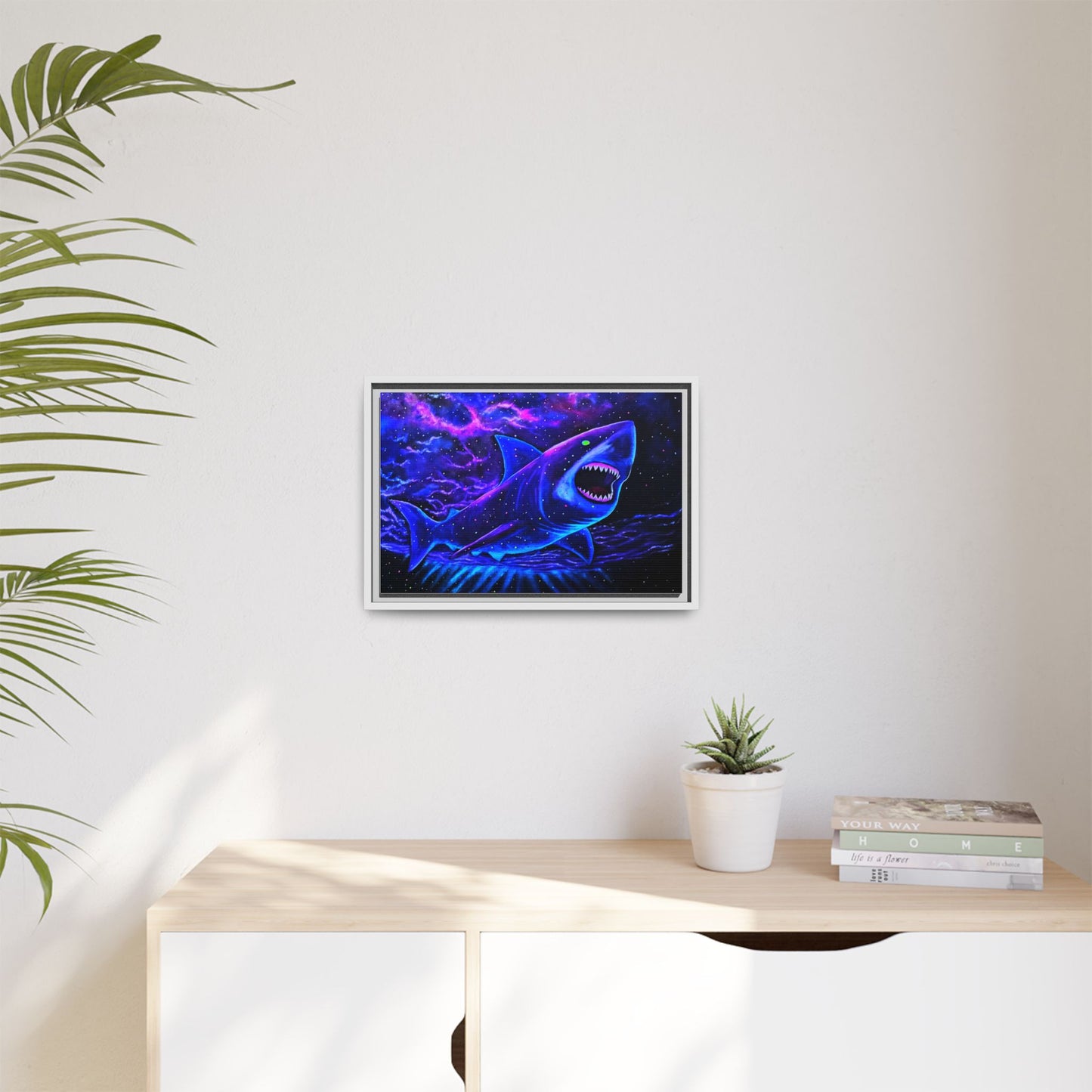 Neon Galaxy Shark Matte Canvas Framed Wall Art
