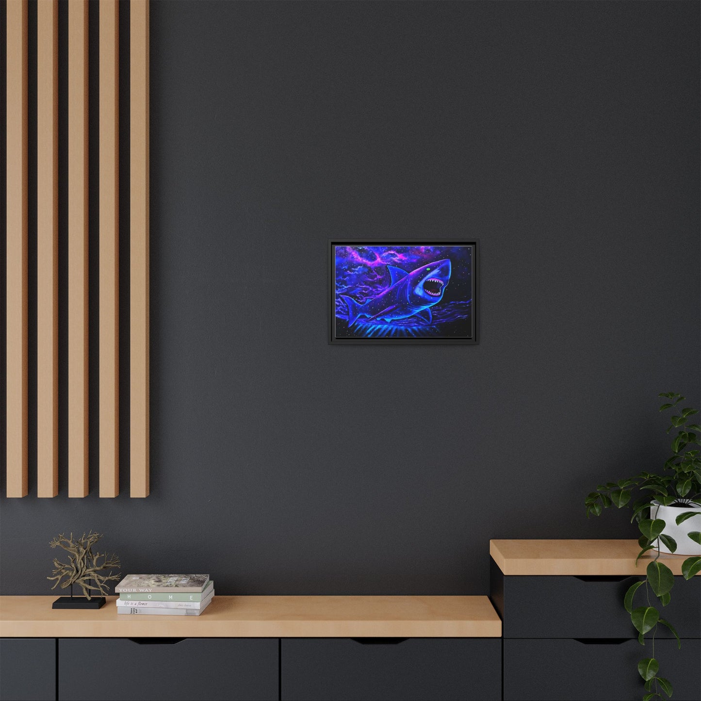 Neon Galaxy Shark Matte Canvas Framed Wall Art