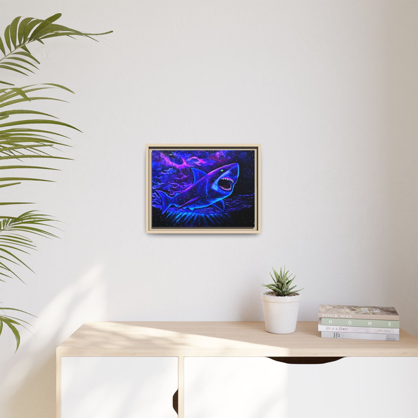 Neon Galaxy Shark Matte Canvas Framed Wall Art
