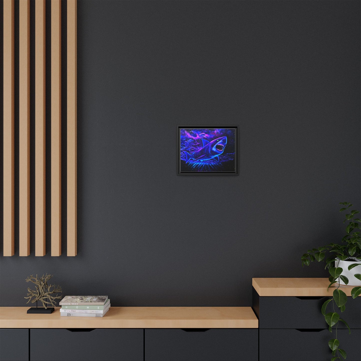 Neon Galaxy Shark Matte Canvas Framed Wall Art