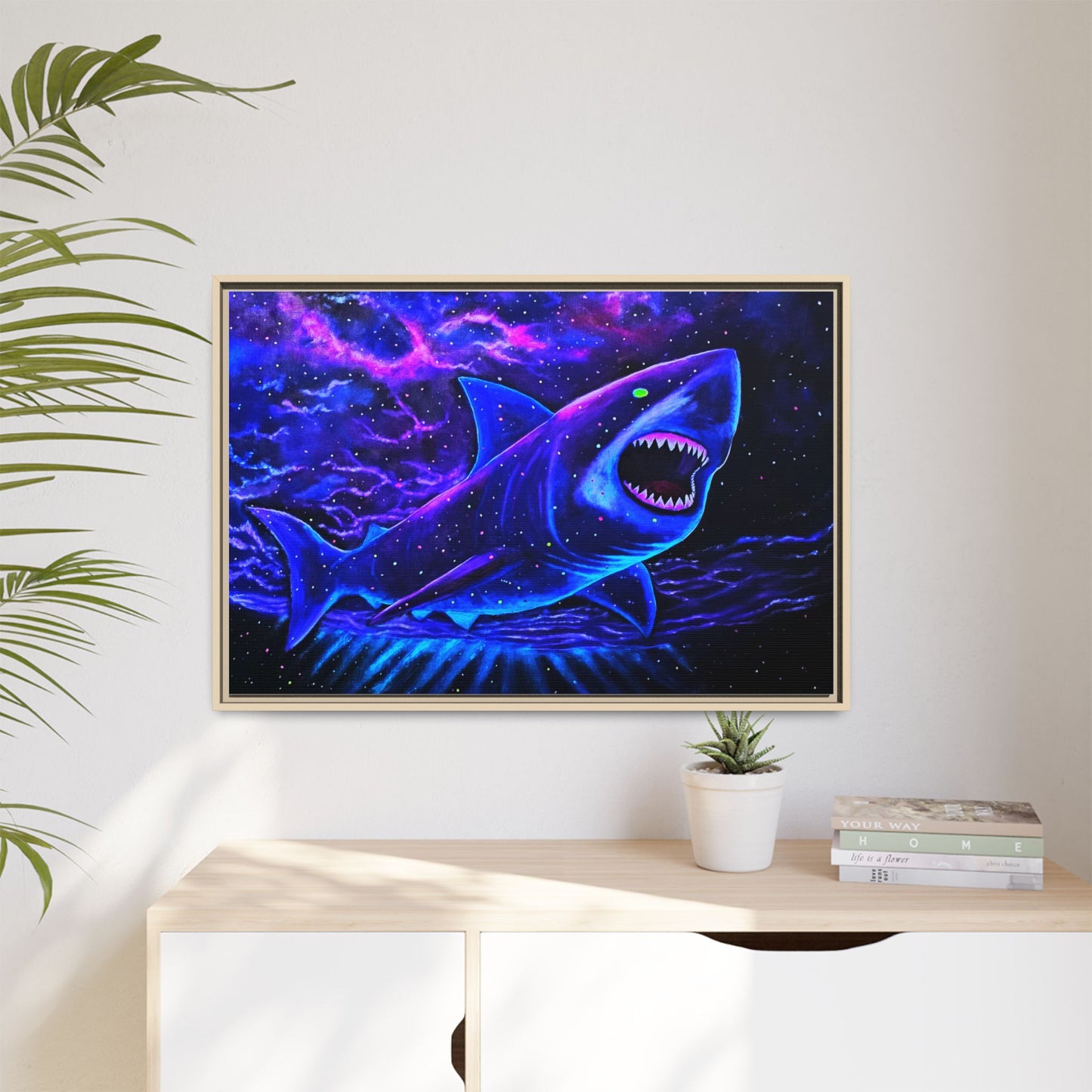 Neon Galaxy Shark Matte Canvas Framed Wall Art