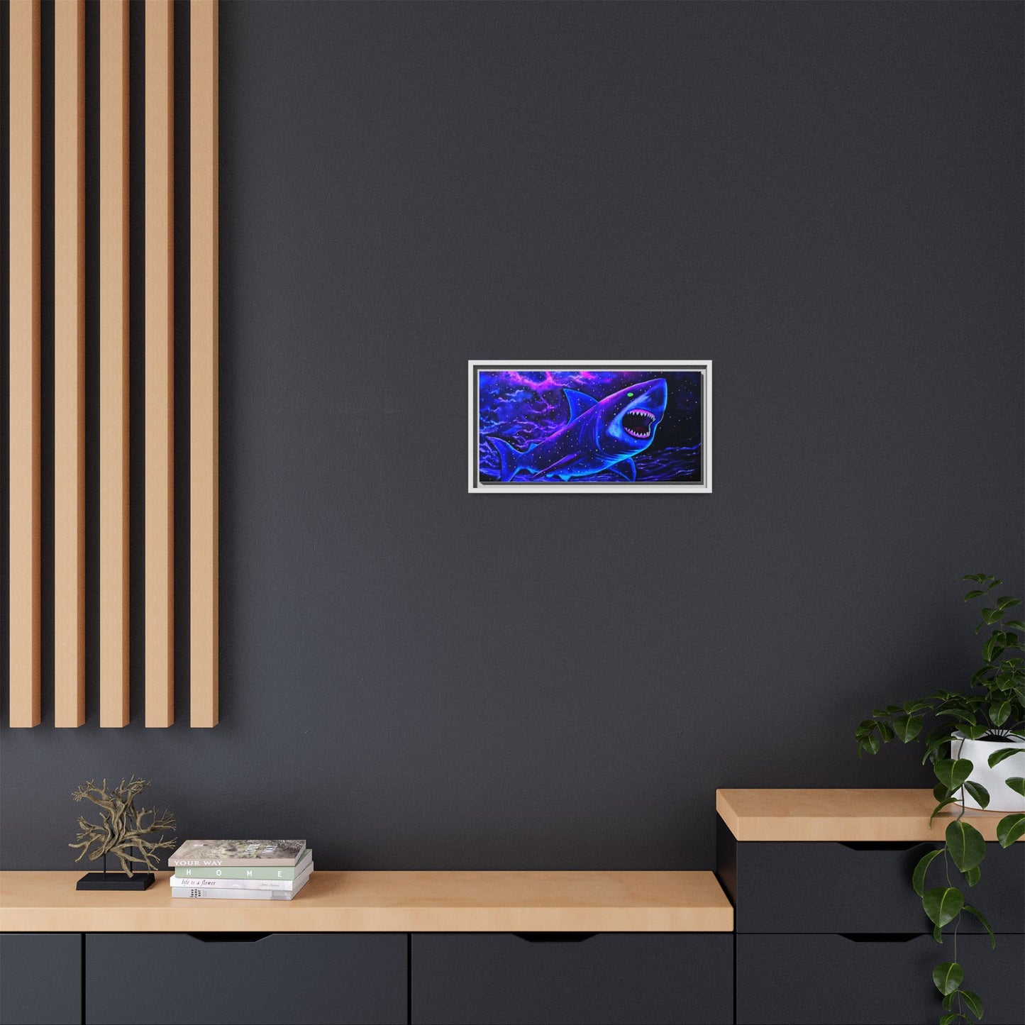 Neon Galaxy Shark Matte Canvas Framed Wall Art