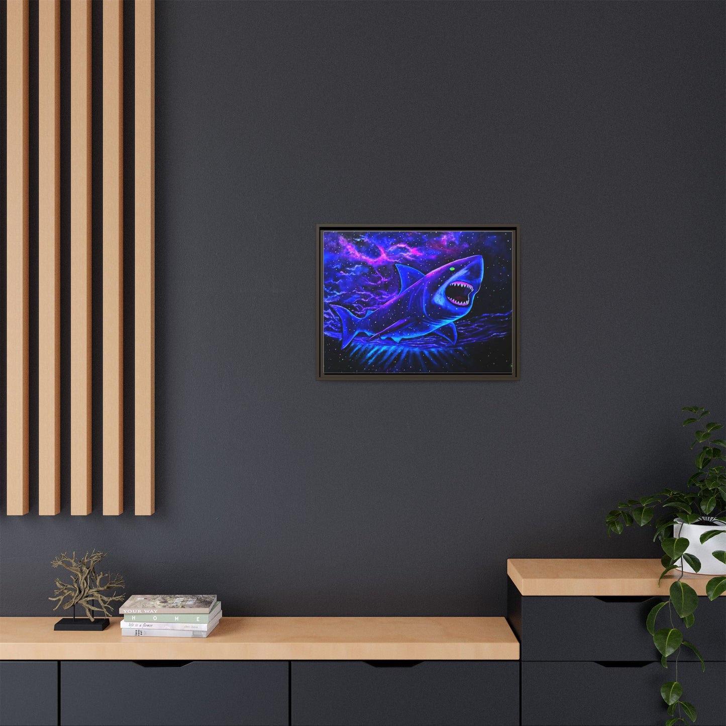 Neon Galaxy Shark Matte Canvas Framed Wall Art
