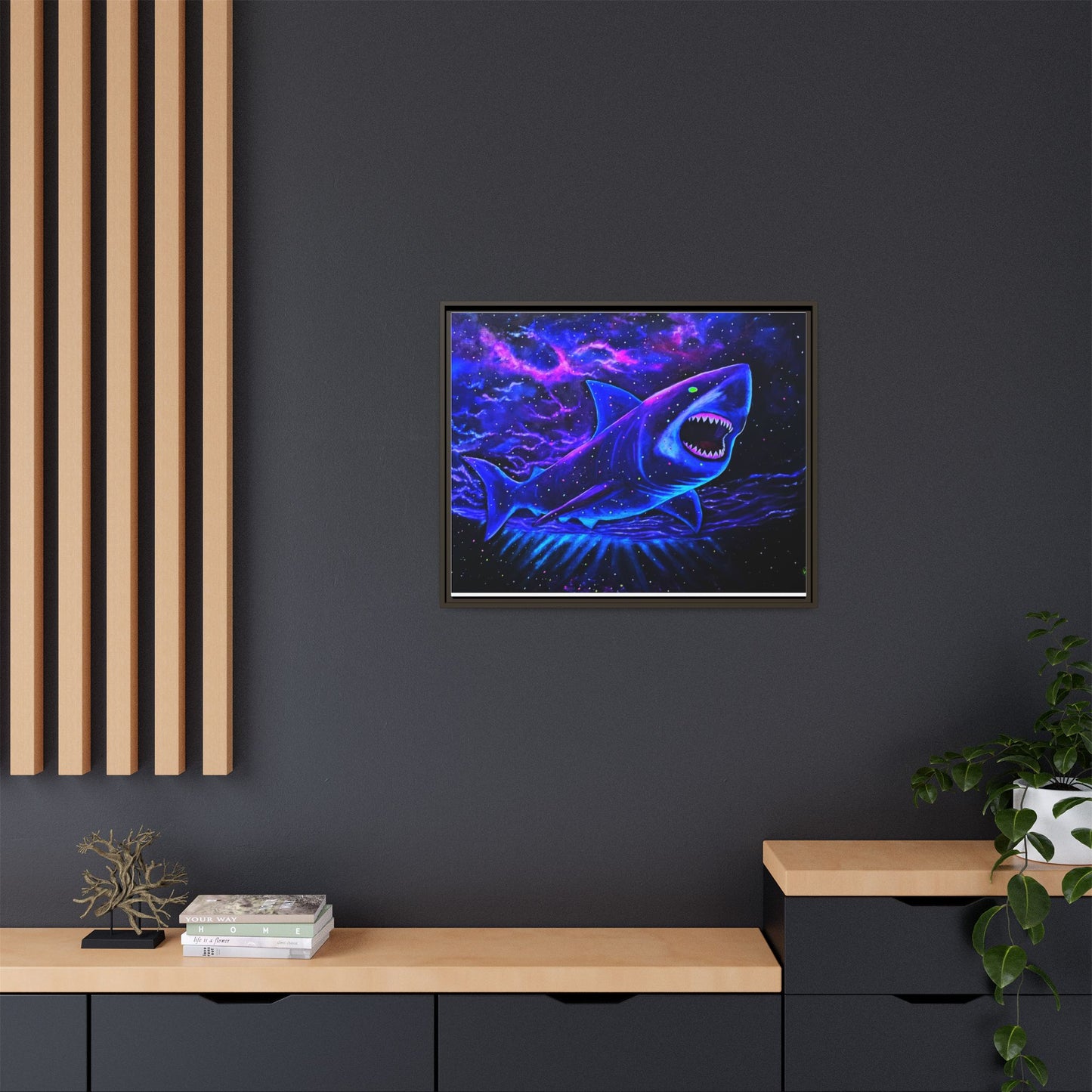 Neon Galaxy Shark Matte Canvas Framed Wall Art