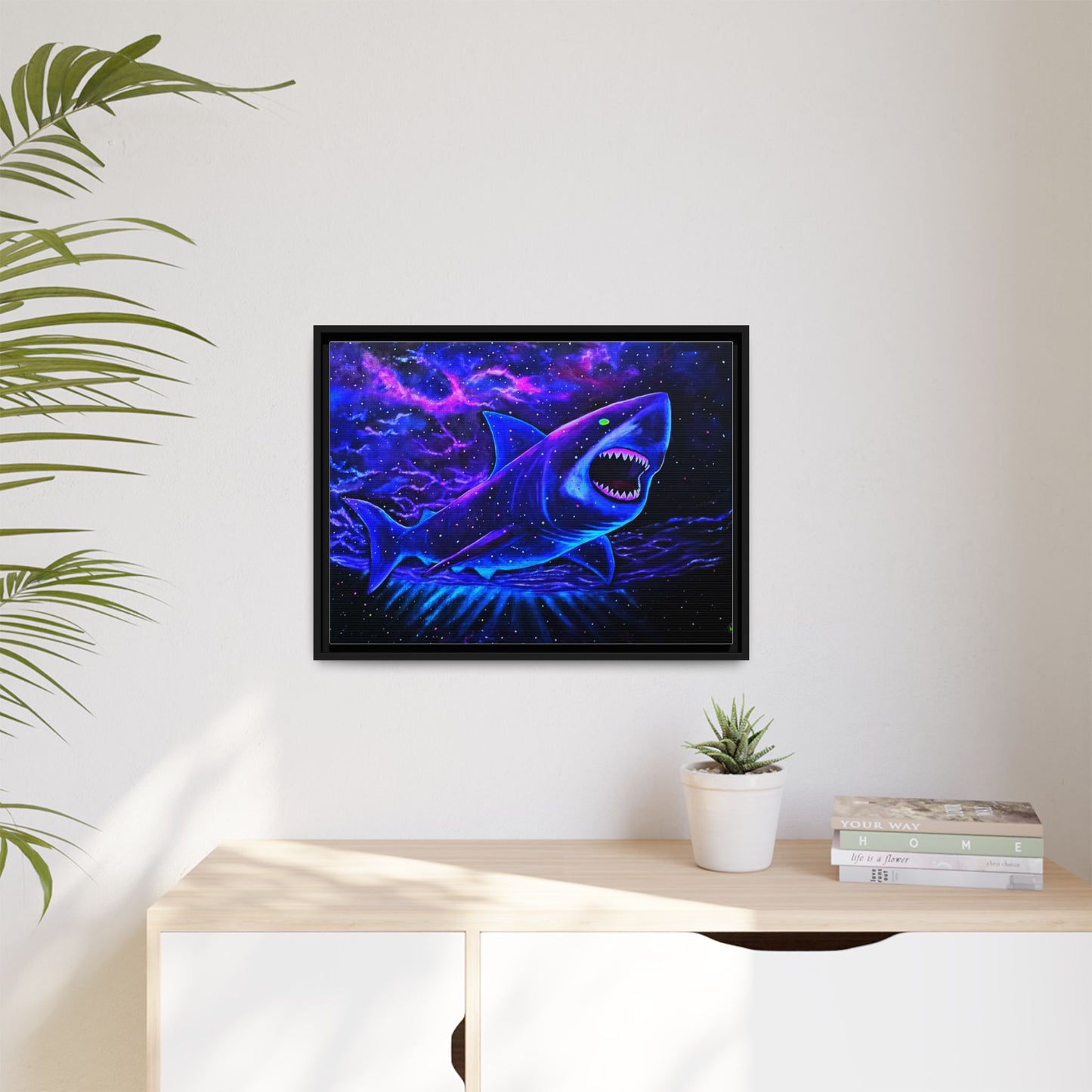 Neon Galaxy Shark Matte Canvas Framed Wall Art
