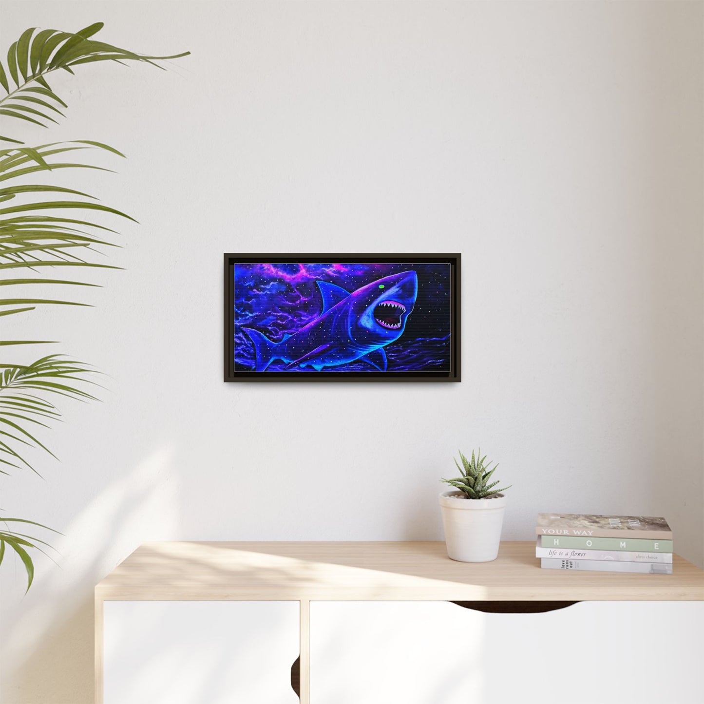 Neon Galaxy Shark Matte Canvas Framed Wall Art