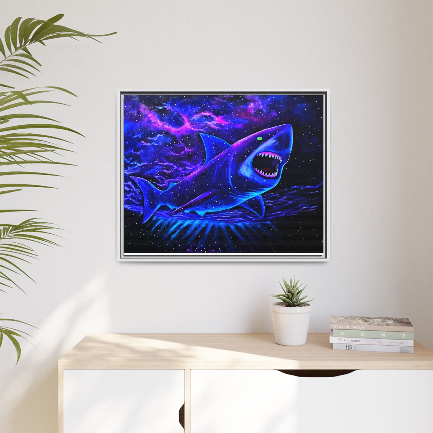 Neon Galaxy Shark Matte Canvas Framed Wall Art