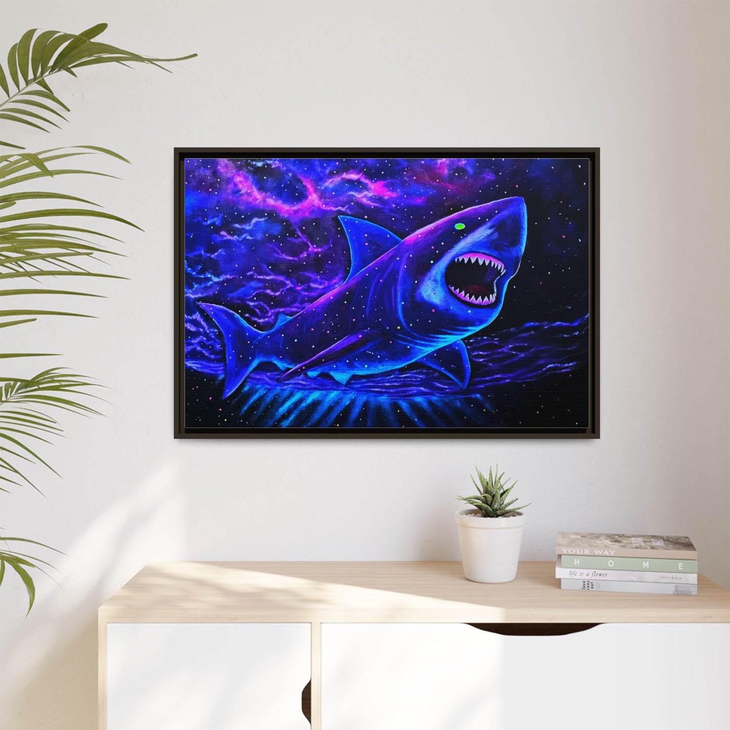 Neon Galaxy Shark Matte Canvas Framed Wall Art